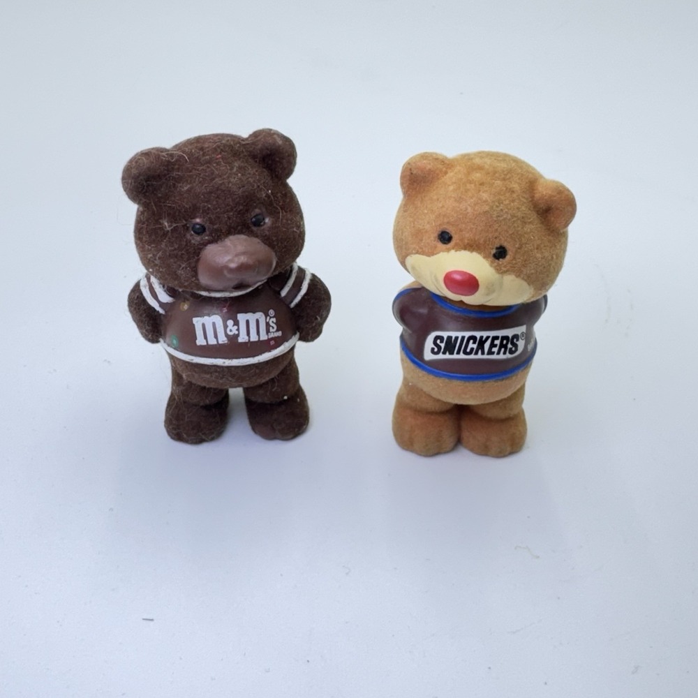 2 VTG 1987 Mars Flocked Fuzzy Teddy Bear Plain M&Ms + Snickers Candy Collectible